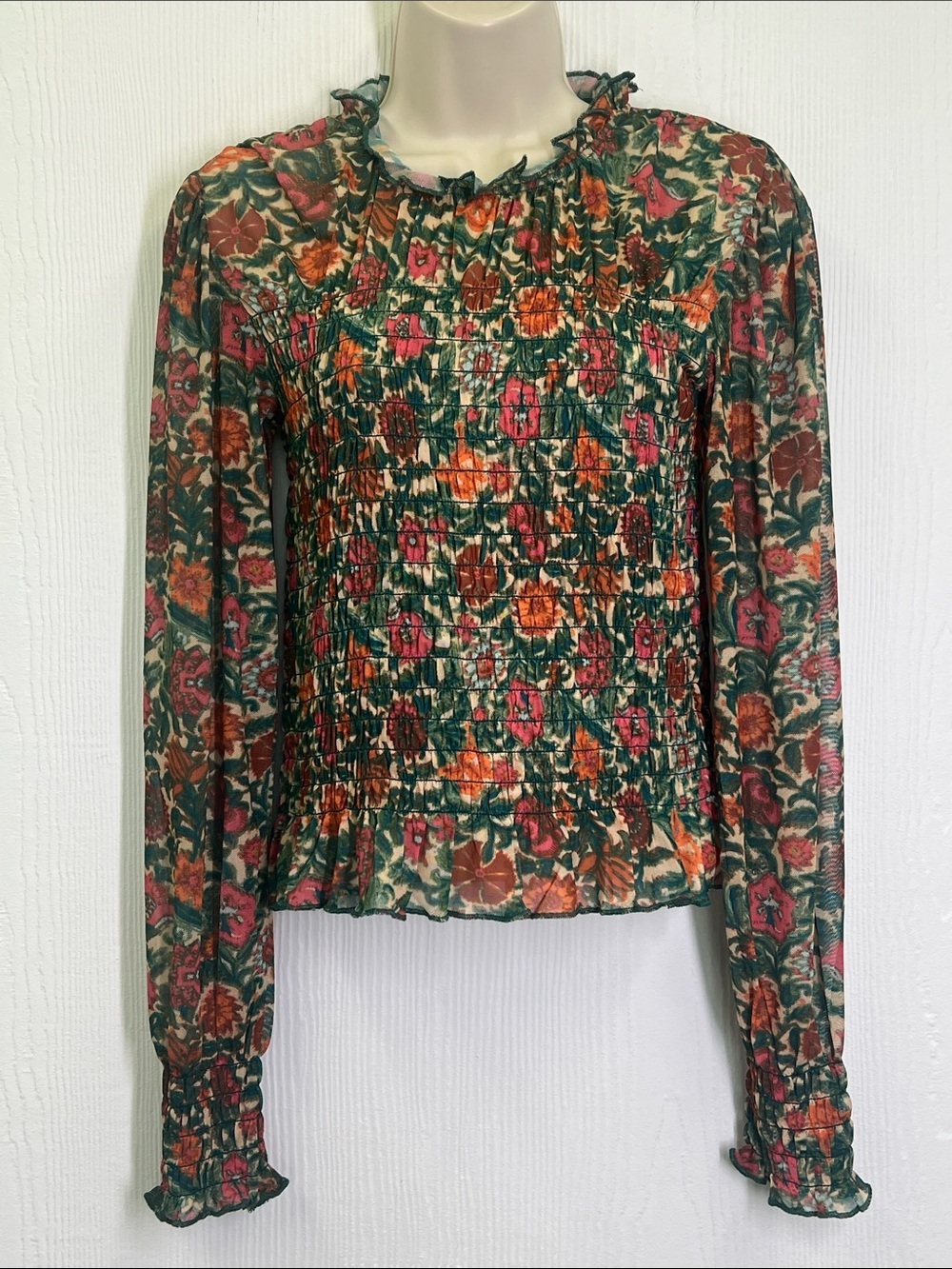 Natural Life - Green Floral Smocked Bodice Sheer Long Sleeve Blouse Size Small